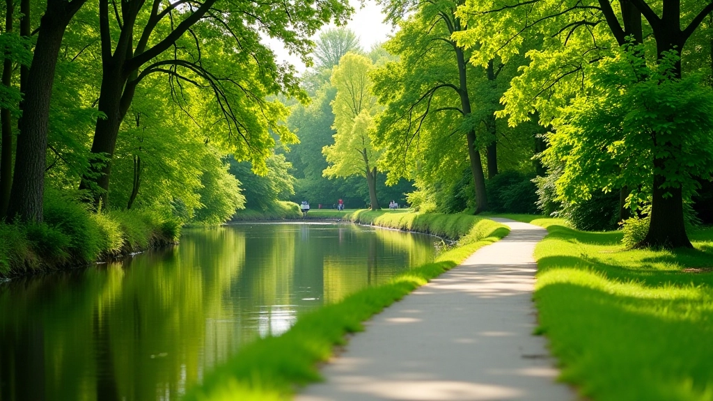 Kanałowe ścieżki towpath w Krakowie obok spokojnej wody z zielenią