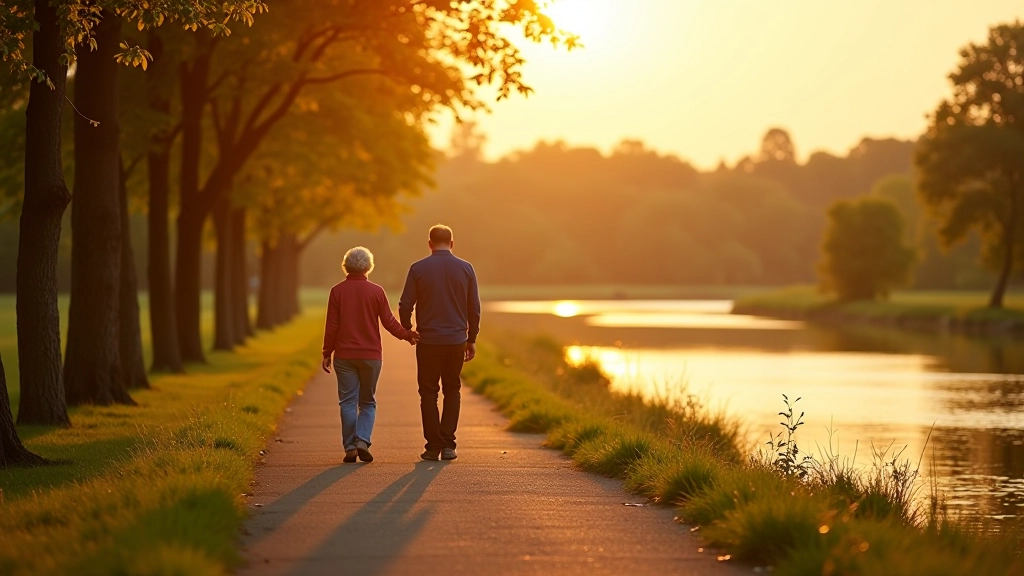 Seniorzy spacerujący wzdłuż rzeki o zachodzie słońca