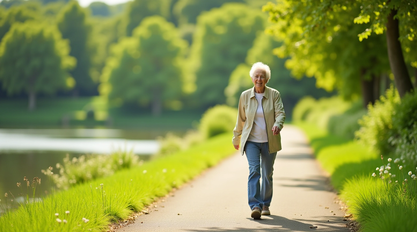 Seniorka spacerująca ścieżką nadbrzeżną nad Wisłą z pięknym widokiem na wodę