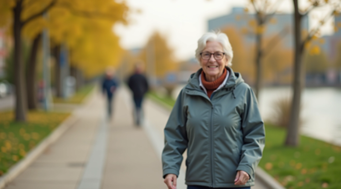 Senior kobieta spacerująca ścieżką nadbrzeżną nad Wisłą w Warszawie, pogodny dzień