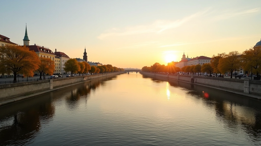 Szeroki widok na Wisłę w Warszawie z historyczną zabudową na brzegu